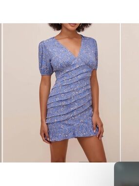 Astr Periwinkle Floral Ruched V-Neck Mini Dress